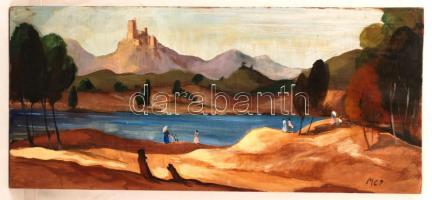 MCP jelzéssel: Kirándulás a tónál. Olaj, farost, 32×73 cm