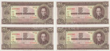 Bolívia 1945. 5B (4x) sorszámkövetők T:I Bolivia 1945. 5 Bolivianos (4x) sequential serials C:UNC