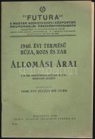 1940. évi termésű búza, rozs és zab állomásai árai. "Futura" A Magyar Szövetkezeti Központok Áruforgalmi Részvénytársasága. pp.:52, 23x16cm