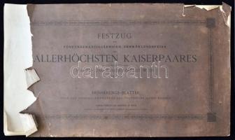 1879 Festzug zur fünfundzwanzigährigen Vermählungsfeier des allerhöchsten Kaiserpaares veranstaltet von der Haupt-und Residenzstadt Wien April 1879. Erinnerungs-Blätter nach den Original-Entwürfen des Professors Hanns Makart. Szakadt fedőborítóval egyébként jó állapotban, 25x45cm