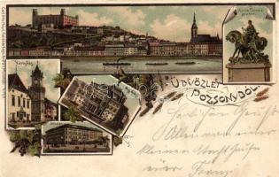 Pozsony, Bratislava; látkép, Mária Terézia szobor, Városház, Sétatér, Színház / general view, statue, town hall, promenade, theater, floral, litho