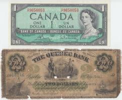 Kanada / The Quebec Bank 1863. 2$ + 1972-1973. (1954) 1$ átalakított haj. Szign.: Bouey-Rasminsky T:V,III Canada Canada / The Quebec Bank 1863. 2 Dollars + 1972-1973. (1954) 1 Dollars modified hair style. Sign.: Bouey-Rasminsky C:Pr,F