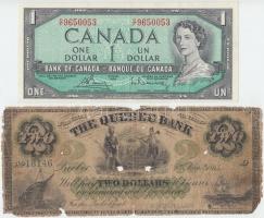 Kanada / The Quebec Bank 1863. 2$ + 1972-1973. (1954) 1$ átalakított haj. Szign.: Bouey-Rasminsky T:V,III Canada Canada / The Quebec Bank 1863. 2 Dollars + 1972-1973. (1954) 1 Dollars modified hair style. Sign.: Bouey-Rasminsky C:Pr,F