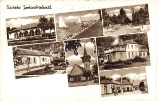 Balatonboglár, vasútállomás, part vitorlásokkal, templom, villa (fa)