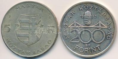 1947. 5Ft Ag "Kossuth" + 1992. 200Ft Ag "MNB" T:2-,2