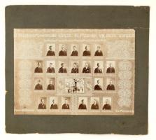 1907 Székesfehérvár, Ciszt. R. Főgymn. 8. osztályos végzős hallgatói, tablófotó 22 nevesített portréval, az iskola épületével, Pete műterméből, 28x39 cm, karton (sérült) 42x48 cm