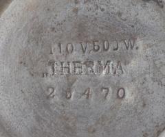 Régi elektromos fém vízforraló,fa fogóval, jelzett (Therma), címerrel (Wolf Károly) , m:18 cm