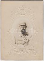 cca 1880-1890 Ferenc József császár és magyar király, keményhátú fotó, dombornyomott, címeres papírkeretben, 17x23 cm / Emperor Franz Joseph, Photo in embossed frame, 17x23 cm