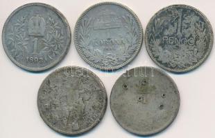 Vegyes: 5db rossz minőségű osztrák, magyar és román ezüstpénz, közte 1894. 1K Ag T:3,3-