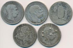Vegyes: 5db rossz minőségű osztrák, magyar és román ezüstpénz, közte 1894. 1K Ag T:3,3-