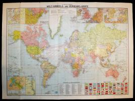 cca 1930 G. Freytag&Berndts Welt-Handels- und Verkehrs-Karte, jelmagyarázattal, kiegészítő térképekkel, kiadja Kartogr.Anstalt G.Freytag&Berndt Bécs, hajtott, 71x98 cm / cca 1930 World trade map of G. Freytag&Berndts, 71x98 cm
