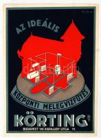 1932 "Az ideális központi melegvízfűtés Körting Rt." színes, kisplakát, Kun S. grafikus tervezésében, 23x17 cm