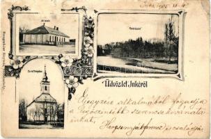 Inke, Állami iskola, Evangélikus református templom, parkrészlet, kiadja a Steegmüller fényirda, Art Nouveau, floral (b)