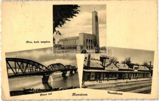 Komárom, Komárno; Római Katolikus templom, Dunai híd, vasútállomás / church, bridge, railway station (EK)