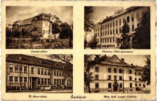 Érsekújvár, Nové Zámky; Levente otthon, Pázmány Péter gimnázium, Új-Simor iskola, Római Katolikus polgári fiúiskola, kiadja a Schulcz Testvérek / military home school, grammar school, school, boys school (EK)