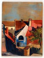 Jeges jelzéssel: Háztetők. Olaj, vászon, 42×31 cm