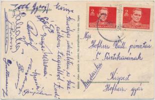1948 A Kispest labdarúgó csapata tagjainak aláírása, köztük Gutmann Béla edző, valamint Puskás (Purzfeld), Bozsik, Kispéter, Keszthelyi és más neves játékosok. Zágrábból küldve / 1948 Autograph signed postacd of the Kispest football team with the signature of Bela Gutmann and many members of the later Hungarian Golden Team.