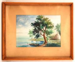 Gát jelzéssel: Bélatelepi part. Akvarell, papír, üvegezett keretben, 38×48 cm
