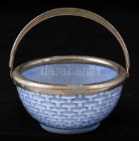 Mázas kerámia kosárka, alpakka rátéttel, kézzel festett, jelzés nélkül, apró kopásnyomokkal, d: 9,5 cm