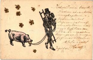 New Year, chimney sweeper, pig, clovers, golden decoration, Emb., B.R.W. No. 375 (EM)