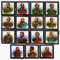 1849-ben kivégzett szabadságharcosok színezett portréi, 1948-ban készítette Fekete György (1904-1990) budapesti fényképész - reprodukciók korabeli rajzokról, metszetekről, amelyeket üveglemez diapozitívra másolt, majd kézzel színezett, és a mozikban, a nagyfilm előtt vetített, 15 db üveglemez diapozitív kép, 8x8 cm