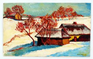 Balla jelzéssel: Téli táj házakkal. Olaj, vászon, 33×55 cm