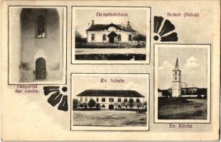 Bátos, Betsch, Botsch; városháza, Evangélikus templom, a templom déli bejárata, Evangélikus iskola, kiadja Szilágyi Artur / town hall, Lutheran church, southern gate of the church, Lutheran school; Art Nouveau (EK)
