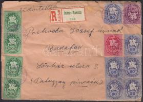 1946 (13. díjszabás) Ajánlott távolsági levél Lovasfutár Betűs II. vegyes bérmentesítéssel, 42 db bélyeggel (sérült boríték)