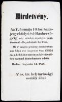 Hirdetmény az V. formáju 10for. bankjegyek folyó évi Oktober végéig... elfogadtatnak fizetésül. 38x22cm