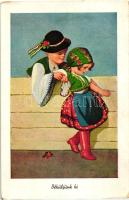 4 db RÉGI motívum képeslap, grafikus folklór lapok, vegyes minőség / 4 old motive postcards, graphic...