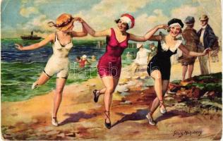 Ladies in bathing dress on the beach, Wenau-Delila No. 2083 s: Georg Mühlberg (EK)