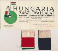 1938 Hungária Zászlóvállalat reklámnyomtatvány, 11x23cm + 2db anyagmintával, 7x5cm