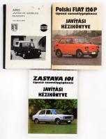 3 db autójavítással foglalkozó könyv: ARO Javítási és szerelési kézikönyv 243 D, 320 D típusokhoz; Zastava, valamint Polski Fiat 126P típusú személygépkocsi javítási kézikönyve.