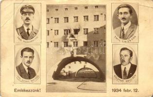 Die Februarkämpfe 1934 in Wien, Karl-Marx-Hof; Karl Münichreiter, Emil Swoboda, ing. Georg Weissel, Koloman Wallisch / Austrian Civil War commemorative postcard (small tear)