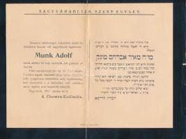 1907 Munk Adolf (Méir Ábrahám) (1830-1907) héber író, halotti értesítője. A nagyváradi izr. szent egylet kiadása / 1907 Death announcement of Adolf Munk Hebrew writer.