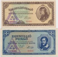 1945. 1000P piros "MNB" bélyeggel + 1.000.000P + 1946. 100.000.000P + 1.000.000.000P mindegyik hamis "Revíziónál igazolásul felhasználva M.N.B." felülbélyegzéssel (fake overprint) T:III