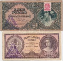 1945. 1000P piros "MNB" bélyeggel + 1.000.000P + 1946. 100.000.000P + 1.000.000.000P minde...