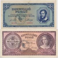 1945. 1.000.000P + 1946. 1.000.000.000P + 1.000.000.000MP + 100.000BP mindegyik hamis "Magyar Megújulás Pártja - Egyházfa" felülbélyegzéssel (fake overprint) T:III