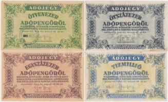 1946. 50.000AP + 100.000AP + 500.000AP + 10.000.000AP közte 2db "Magyar-Olasz Bank R.T. Ráday utcai fiókja" felülbélyegzéssel, sorozat- és sorszám nélküliek T:I-,III