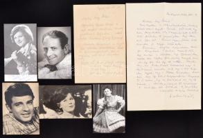 cca 1960-70 Színészek, énekesek aláírt, illetve dedikált fotói, összesen 5 fénykép, valamint 2 db autográf levél. Polónyi Gyöngyi (1942-2012), Sztankay István (1936-2014) aláírt fotói; Madarász Katalin (1934-) aláírt fotója és autográf levele, Bodza Klára (1943-) dedikált fotója, valamint Kabos László (1923-2004) dedikált fotója és autográf levele.