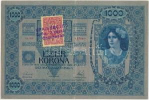 1902. 1000K hátoldalán piros "Deutschösterreich" felülbélyegzéssel, valamint valószínűleg hamis szerb bélyeggel és bélyegzéssel (probably fake Serbian overprint and stamp) T:III
