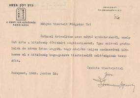 1942 Groszman Zsigmond pesti rabbi saját kézzel aláírt levele. / Autograph signed letter of Budapest rabbi