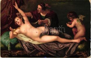 Danae / Erotic art postcard, litho. s: Van Dyck (small tear)