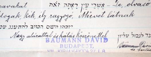 1942 Baumann Dávid, az Irz. Ifjúsági Egylet főtitkárának saját kézzel írt levele Munkácsi Ernő a Pes...