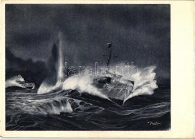 Vedettes allemandes virent pour se lancer a lattaque de destroyers britanniques / WWII military, German-British naval battle, battle ships, artist signed
