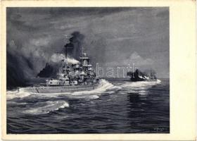 Le Scharnhorst et le Gneisenau aux prises avec le Glorious / WWII military, German-British naval battle, battle ships, artist signed (EK)