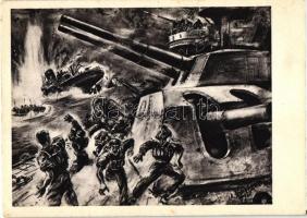 Des aviateurs allemands attaquent un transport de troupes anglaises / WWII military, German air attack against British troops, artist signed (EK)