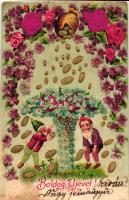 Boldog újévet! / New Year, dwarves, coins, flowers, mushroom, silk card, Emb., litho (vágott / cut)