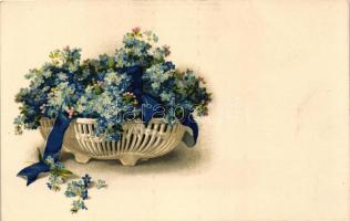 Blue flowers in a basket, Meissner & Buch Künstlerpostkarten Serie 2285, litho