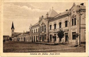Nagylak, Nadlac; Fő tér, Slovac szálló, Gazdasági Hitelszövetkezet / Piata Unirii / square, bank, hotel (EK)